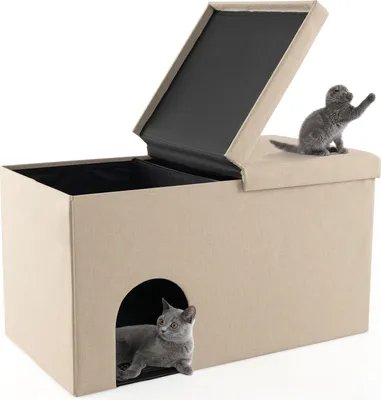 A beige cat house with an open lid and two cats interacting with it.