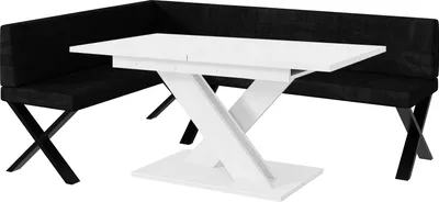 Produktbild von MEBLINI Eckbank für Esszimmer mit ausziehbarem Tisch  - Küchenbank - Essecke - Sitzecke Küche - PETER - X-Beine 142x196x87cm Links - Schwarz Samt/B Weiß Matt
