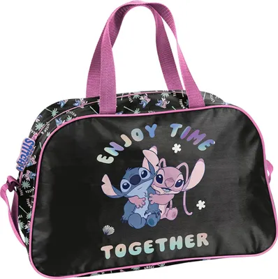 A black duffel bag with Stitch characters and text.