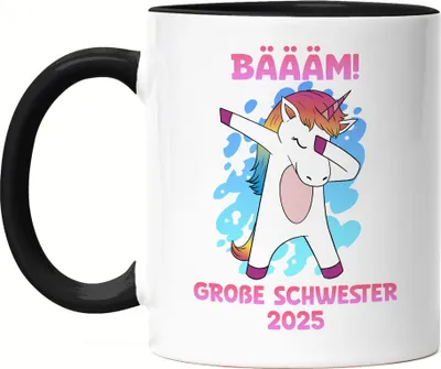 Produktbild von Bäääm Große Schwester 2025 Tasse Schwarz Einhorn Schwangerschaft Ankündigung Babyparty Babyshower Geschwister
