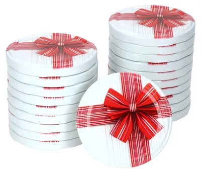Three stacks of round gift boxes with red and white striped ribbon and bows.