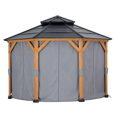 A hexagonal gazebo with wooden posts and gray fabric curtains.