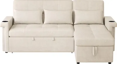 Produktbild von Merax L-förmiges Ecksofa 3-Sitzer, mit Schlaffunktion, Bettfunktion, LED & USB, Getränkehalter, Chenille Schlafsofa, Bettsofa, Klappbett, Beige