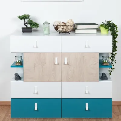 Produktbild von Jugendzimmer - Kommode Aalst 22, Farbe: Eiche / Weiß / Blau - Abmessungen: 90 x 110 x 40 cm (H x B x T)