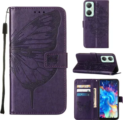 Produktbild von Infinix Hot 20 5G Hülle, Schmetterling Prägung Flip Leder Kartenfächer Schutzhülle Ledertasche mit Ständer für Infinix Hot 20 5G Lila
