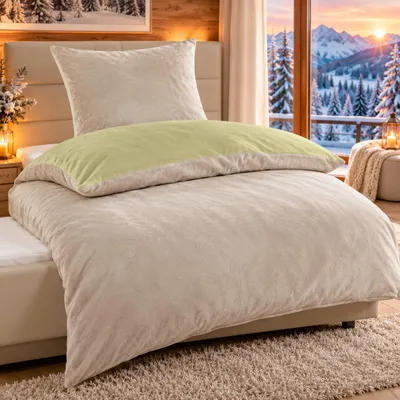 Produktbild von Bettwäsche Winter Flausch Cashmere Touch Uni Wende warm 2 teilig 135x200 mit RV Farbe Natur / Grün