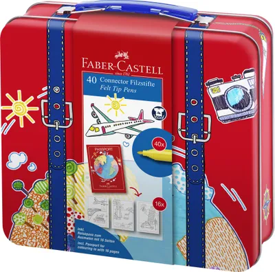 A red suitcase-shaped tin containing Faber-Castell felt tip pens, decorated with travel-themed illustrations.