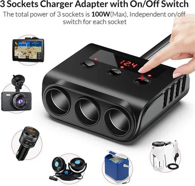 Image de Adaptateur pour allume-cigare de voiture, 1 à 3 ports USB, avec interrupteur et affichage de la tension, 120 W