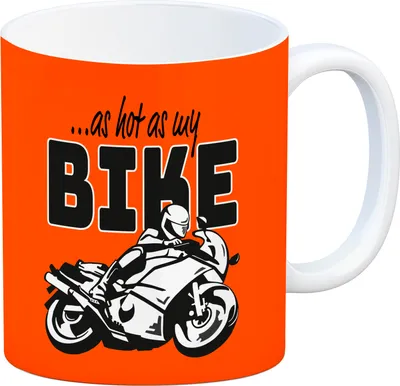Produktbild von As hot as my Bike Kaffeebecher mit coolem Motorradfahrer Motiv in orange