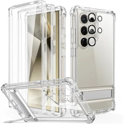 Image de Coque pour Samsung Galaxy S24 Ultra avec cadre frontal et 3 modes de support, protection conforme aux normes militaires, protection antichoc, transparente