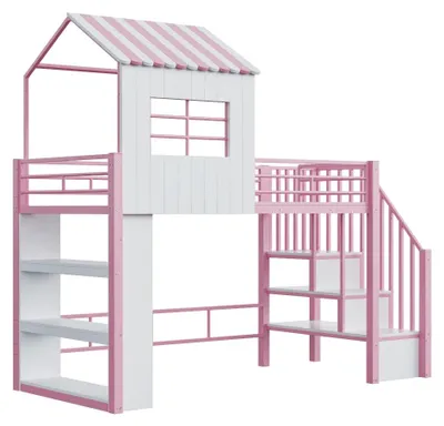 Zdjęcie produktu dla Łóżko piętrowe - Design wnętrz - 90 x 200 cm - Wysokie barierki ochronne - Wielopoziomowa przestrzeń do przechowywania - Bezpieczne schody - Różowy