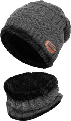 Produktbild von Kinder Wintermütze & Schal Set, warme Strick-Beanie mit Fleecefutter, Slouchy Beanie für Jungen & Mädchen, 2–8 Jahre, Grau (A0478)