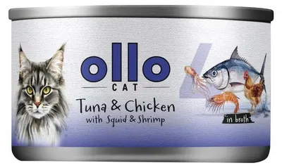 Obrázek produktu pro OLLO Kočka č. 4 Tuňák a kuřecí maso s kalamáry a krevetami v vývaru - mokrá krmiva pro kočky - 70 g