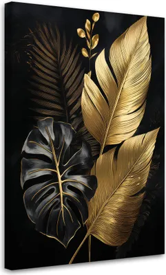 Obrázok produktu pre Obraz na plátne Zlaté listy palmy Monstera 70x100 Feeby Zlatá obraz na stenu pripravené na zavesenie