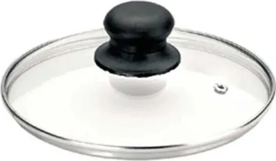 A glass pot lid with a black handle.