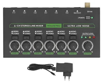 Produktbild von 6-Kanal-Mischpult mit RGB-Beleuchtung, 1/4" TRS/TS-Anschlüsse, rauscharmer Stereo-/Mono-Umschalter, für Live-Auftritte, Studioaufnahmen, mit EU-Stecker