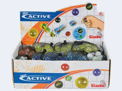 A display box filled with bags of marbles, with illustrations of marbles and game play on the packaging.