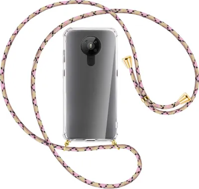 Produktbild von Handykette Backcover-Schutzhülle mit Band (Metall goldfarben) für Nokia 5.3 - rosa Karo