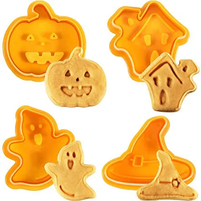 Obrázek produktu pro Sada čtyř forem na vykrajování s motivem Halloweenu, včetně 3D vykrajívek a razítek, ideální pro domácí pečení.
