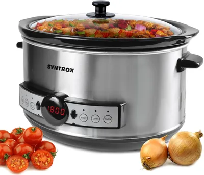 Produktbild von Syntrox Germany Slow Cooker Snittai 4,5 l Edelstahl – Multikocher, Schongarer, Schmortopf mit Keramik-Innentopf, Warmhaltefunktion, Glasdeckel