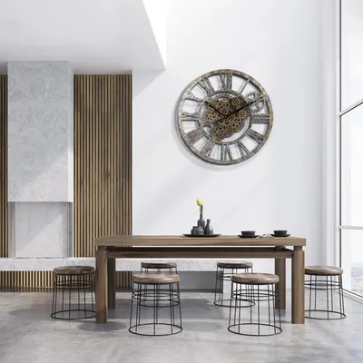 Produktbild von 57cm XXL Wandklok mit Bewegenden Zahnrädern, Shabby Chic Holz, Industrieller Steampunk Dekoration für Wohnzimmer, Küche, Bar