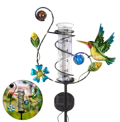 Produktbild von Regenmesser Garten Solar mit LED Beleuchtung, Kolibri Gartenstecker wetterfest, Gartendekoration für Rasen, Hof und Terrasse