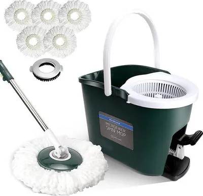 Produktbild von Unyqoos® Wischmopp-Set mit 8 L Eimer, 130 cm Teleskopstiel (Edelstahl), Fußwringfunktion, 5 waschbare Mikrofaserköpfe + 1 Bodenbürste, 360° Drehkopf