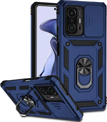Image de Etui pour Xiaomi 11T / 11T Pro étui double couche avec cache caméra coulissant et anneau de support bleu