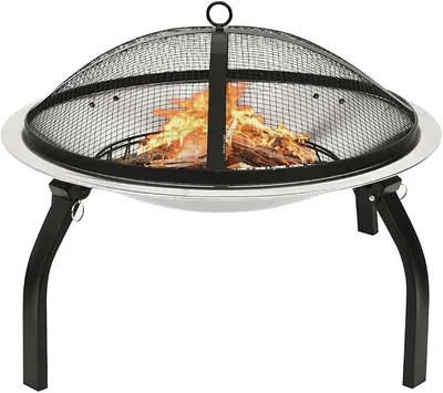 Produktbild von 2in1 Feuerschale und Grill mit Schürhaken 56 x 56 x 49 cm aus Edelstahl, inkl Grillrost und Funkenschutz für Garten Terrasse zum Heizen und Grillen