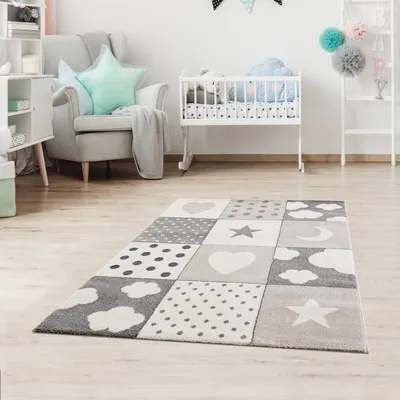 Produktbild von Kinderteppiche Patchwork Herz Sterne Wolke  Teppich für Kinderzimmer | Schadstofffrei Kinderzimmerteppich - Grau, 80x150 cm