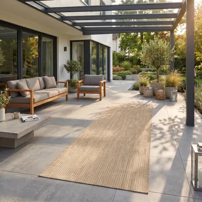 Obrázek produktu pro Carpetsale24 Venkovní koberec béžový 80x250 cm balkon terasa zahrada odolný po?así a UV b?houn jednobarevný plochá tkanina snadná údržba moderní