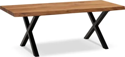 Productafbeelding van WOHNLING salontafel 120x60x46 cm, massief acaciahout / metaal, met boomranddetail. Rechthoekige salontafel voor de woonkamer, geschikt als bijzettafel of salontafel. Bruin