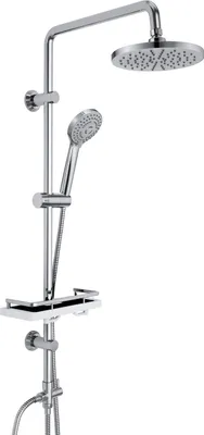 A modern chrome shower system with a rainfall showerhead and a handheld showerhead, mounted on a vertical bar with a small shelf.