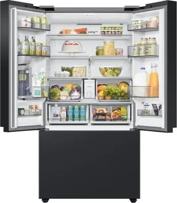 A fully stocked black refrigerator with its doors open.