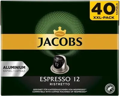 A product box for Jacobs Espresso 12 Ristretto coffee capsules.
