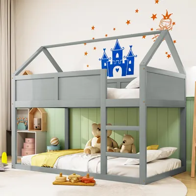 Produktbild von Kinderetagenbett, 90 x 200 cm, niedriges Einzeletagenbett, Zwischengeschossbett mit Treppe, Massivholzrahmen, grau.