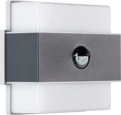 A product shot of an outdoor LED wall light with a motion sensor.
