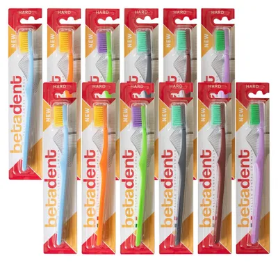 Zdjęcie produktu dla Zestaw Betadent zawierający 12 szczoteczek z twardymi włosiem, charakteryzujących się twardym włosiem z zaokrąglonymi końcówkami, przeznaczonych do