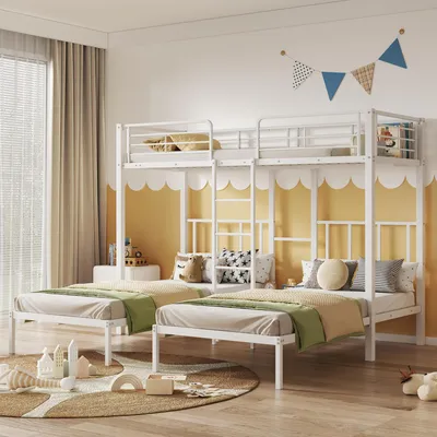 Zdjęcie produktu dla Potrójne łóżko piętrowe 90x200 cm dla 3 osób ze stołem i 4-stopniową drabinką, barierką ochronną, miejscem do przechowywania, EN747, łóżko metalowe, białe