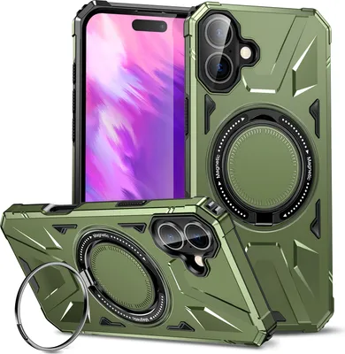 Produktbild von Hülle für iPhone 16 Plus Kompatibel mit MagSafe, Dual Layer Robuste Schutzhülle, Magnetischer Ringständer Dunkelgrün