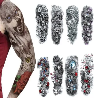 Image de 8 feuilles Full Arm Tatouages Temporaires Hommes Manches Imperméables Faux Warrior Tatouages Autocollants Loup Lion Tigre Plein Grandes Jambes Femmes Rose Tatouages Temporaires Animaux Adultes