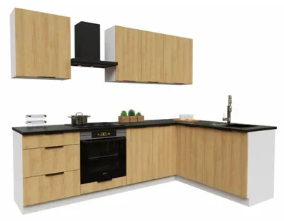Productafbeelding van Eckkeuken - 260x170 cm - Eikenhout (Hicora-stijl) - 8 keukenkasten - met zwart aanrechtblad - moderne keukenmeubelset - BONO
