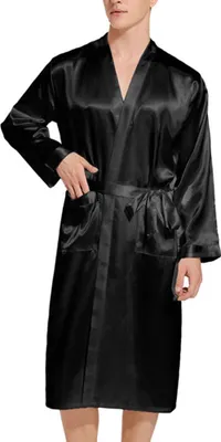 Obrázek produktu pro Saténový župan pro muže, kimono, dlouhý župan, lehká hedvábná noční košile, pánské pyžamo s páskem, velikosti S-XXL