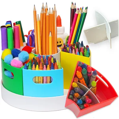 Produktbild von Drehbarer Tablett für Buntstifte und Aufbewahrung, Schreibtisch-Organizer mit farbigen Fächern für Stifte, Marker und Bürobedarf.