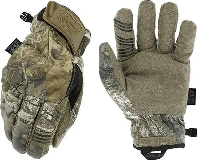A pair of camouflage hunting gloves shown from two angles against a white background.
