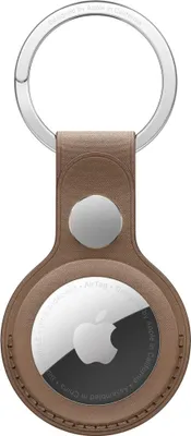 A close-up shot of an Apple AirTag holder with a keychain.