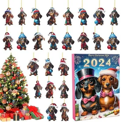 Image de Décorations de Noël, calendrier de l'Avent 2024 - 24 jours, figurine de chiot à compter - 2D, en acrylique, avec crochet - Idéal pour les enfants - Facile à utiliser