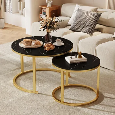 Produktbild von Aiibot Couchtisch,Couchtisch rund,Beistelltisch,Wohnzimmertisch mit Marmoroptik,Couchtisch 2er set,70x70x45cm & 50x50x40cm,Holz & Metallgestell