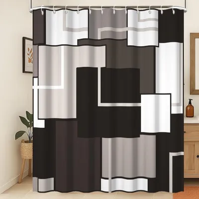 Produktbild von Omgoods – Geometrisches Duschvorhang – Schwarz, Weiß, Grau – 180 x 200 cm, wasserdicht
