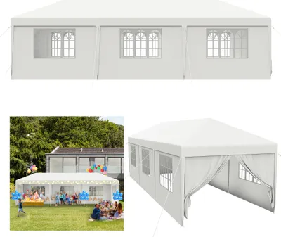 Obrázok produktu pre XMTECH Záhradný pavilón Záhradný stan 3x9 m Vodotesný záhradný pavilón s odnímateľnými bočnými stenami a oknami Párty stan Pivný stan UV ochrana (biely)